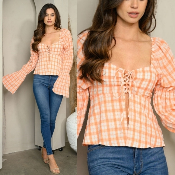 Orange Plaid Boho Blouse | Bell Sleeve Lace-Up Top - Picture 3 of 7